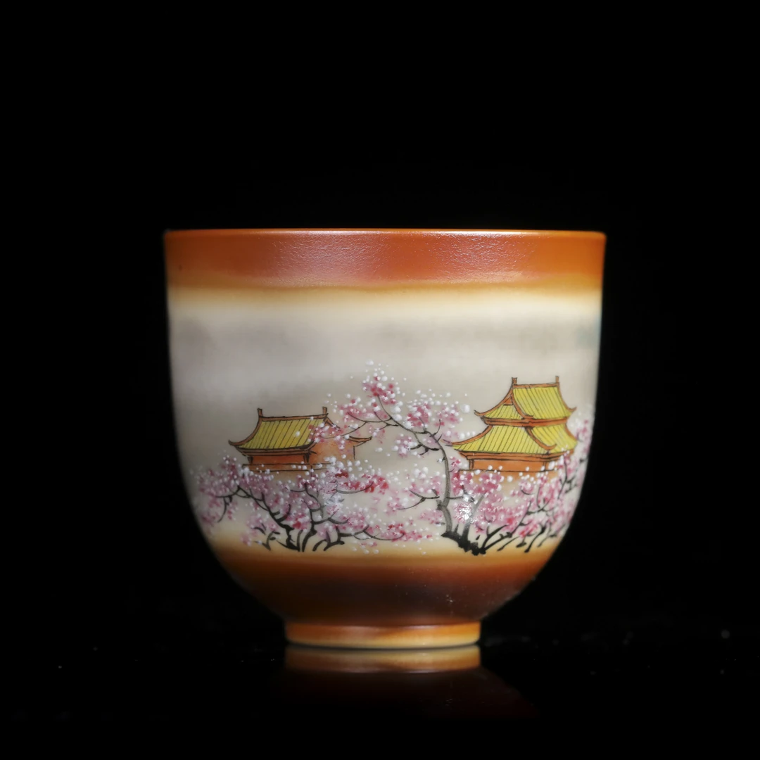 【晚晚精选】062柴房名师创作款亭台楼阁直口杯  柴烧特性每只不同