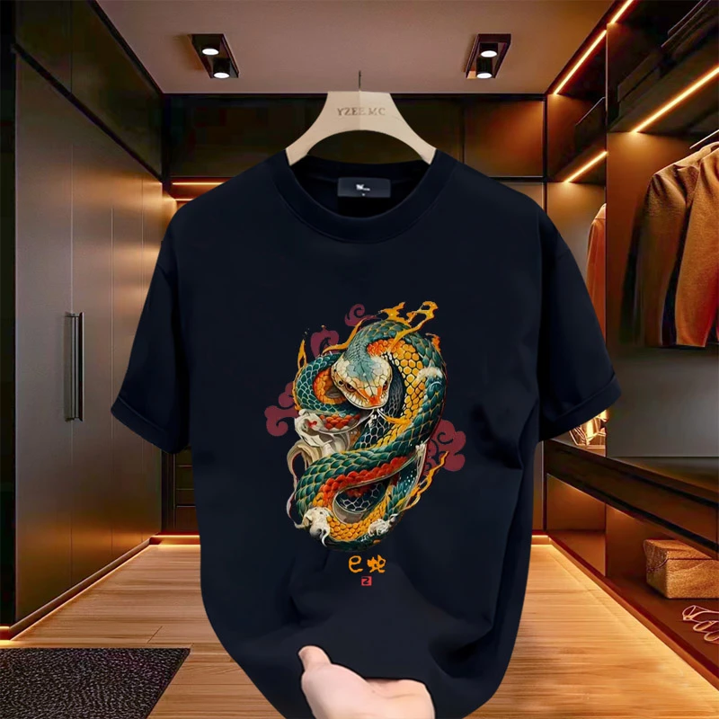 2025夏季男士T恤短袖纯棉休闲时尚潮流宽松圆领轻奢大码印花国潮