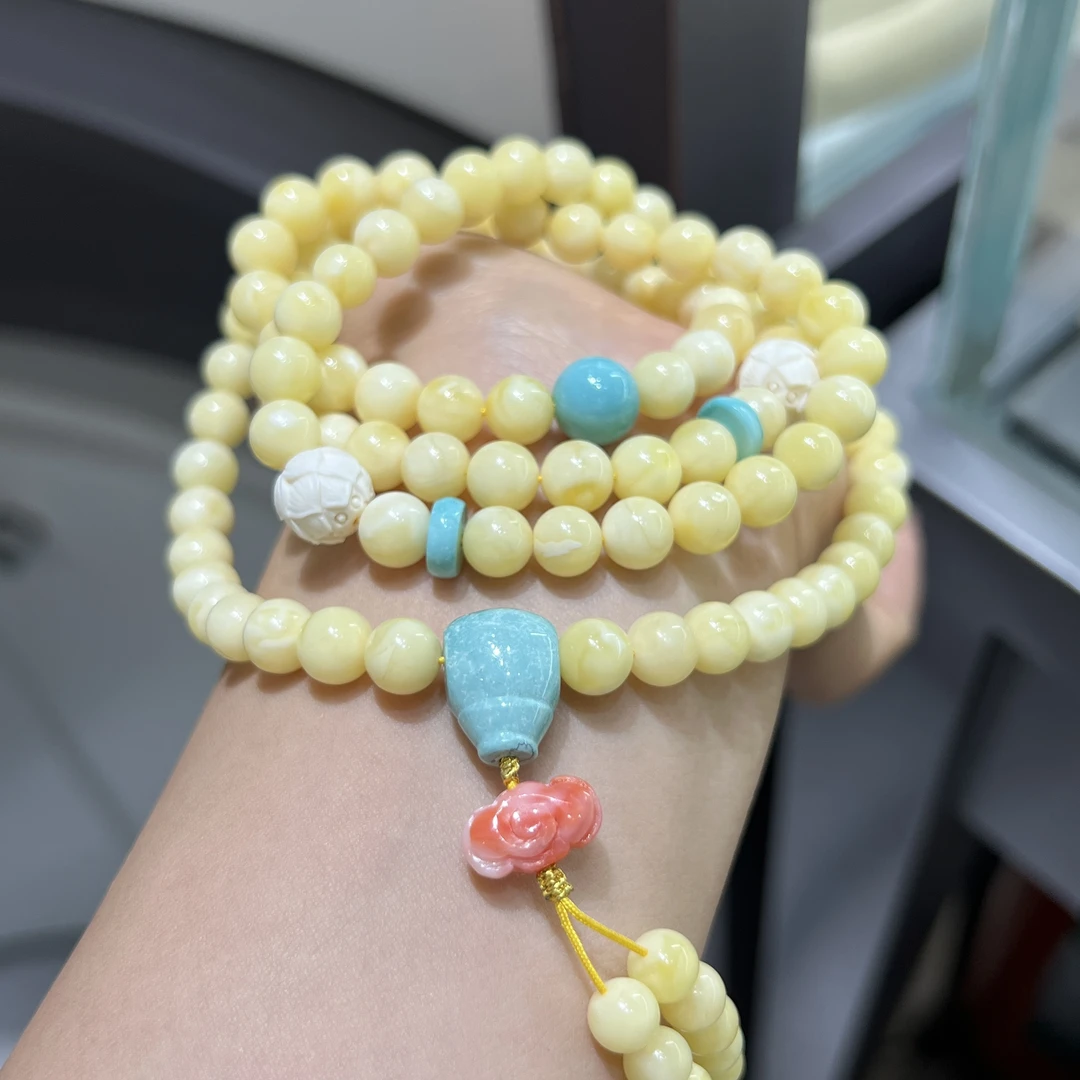 天然蜜蜡俄料奶白蜡108佛珠多圈设计款7㎜➕