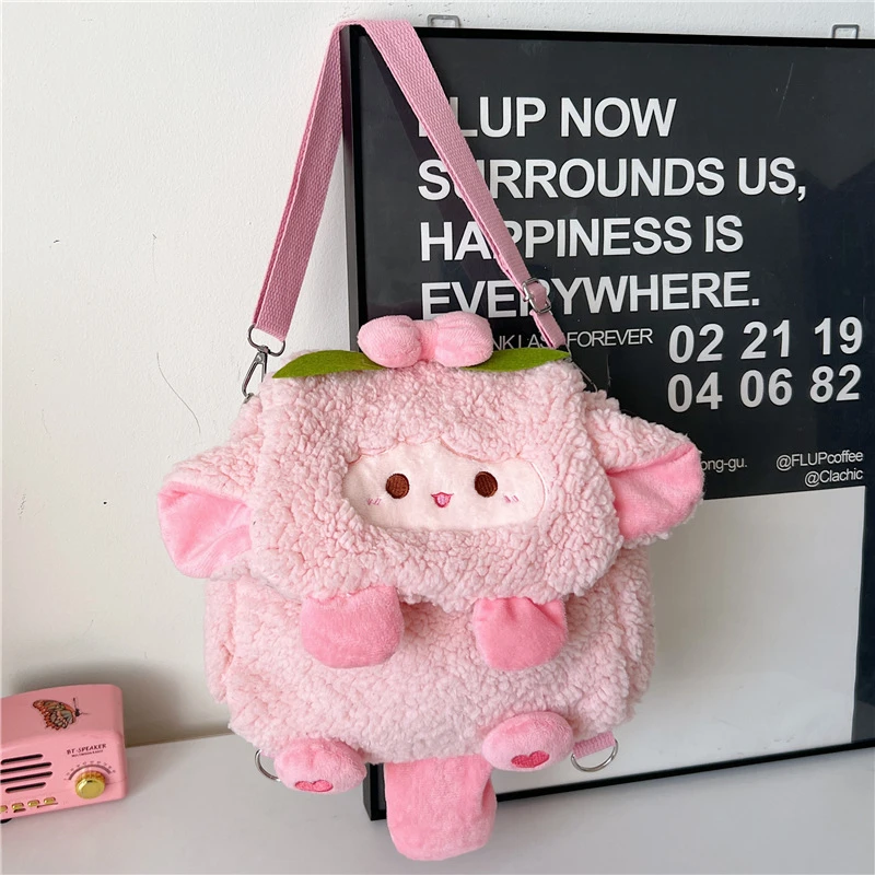 毛绒新款超萌翻盖双肩卡通背包女生可爱多用毛绒包甜美少女休闲包