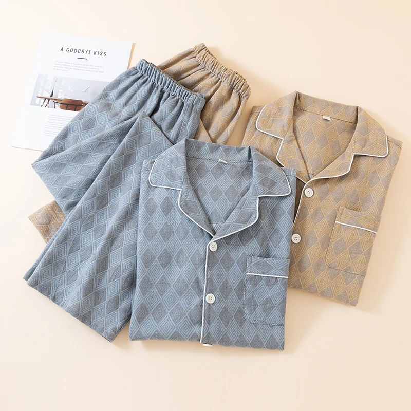 男士夏季新款芙利格男款纯棉短袖套装翻领透气大码吸汗家居服