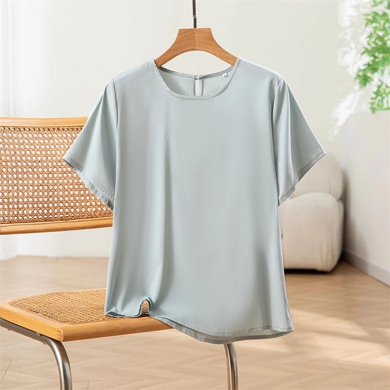 柜上高货短袖桑蚕丝t恤女夏季薄款真丝上衣基础款纯色建宏绉打底