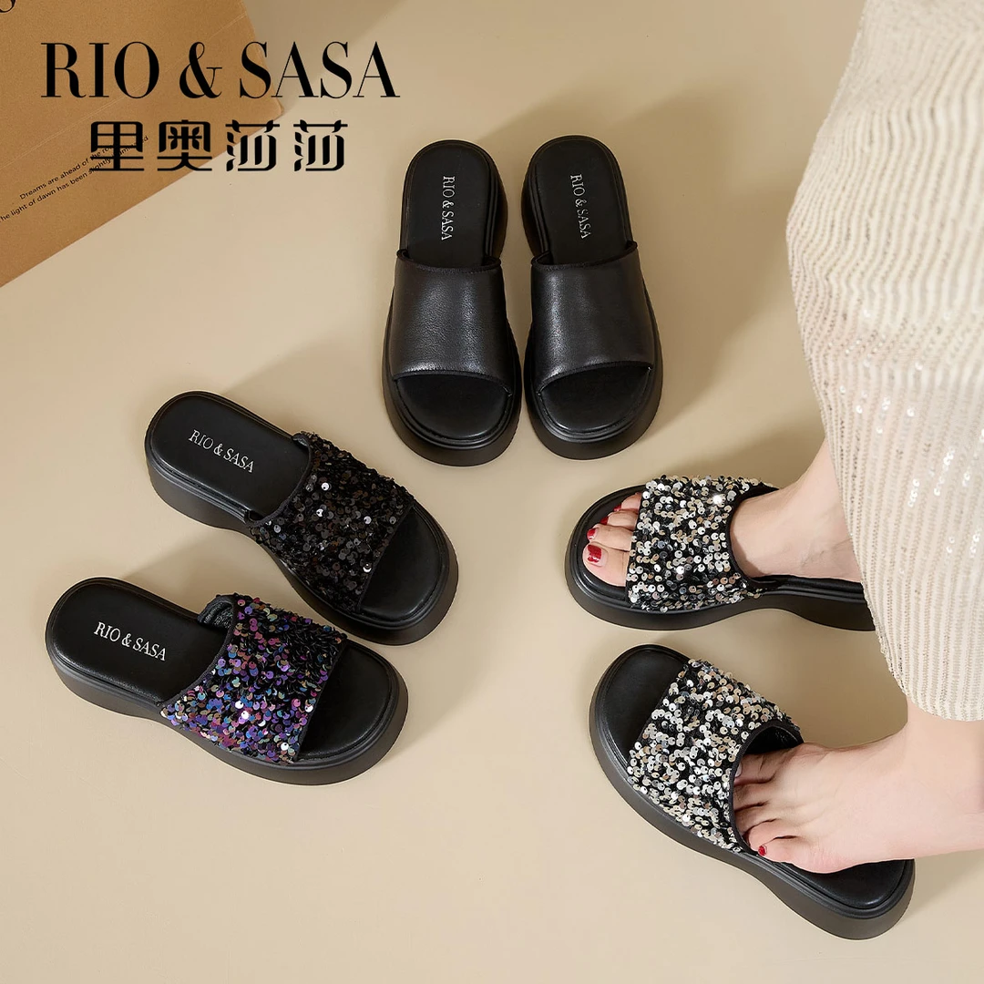 里奥莎莎凉拖鞋女2025夏外穿黑色亮片拖鞋一脚蹬厚底松糕沙滩5023