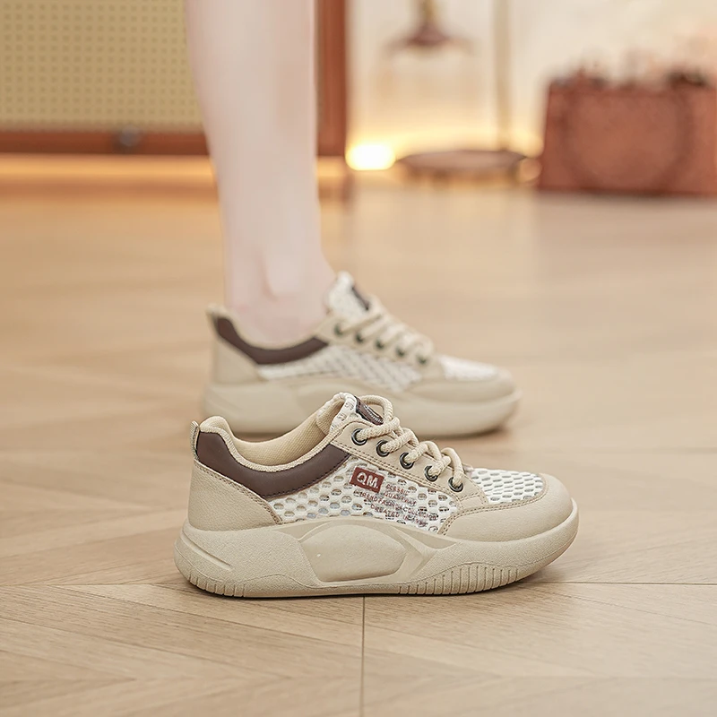 2025夏季新款透气一脚蹬女士厚底女鞋夏季镂空网面软底防滑小白鞋