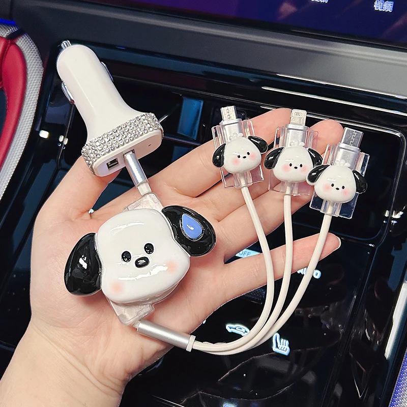 车载三合一数据线手机充电器快充伸缩可爱点烟器转换插头一拖三