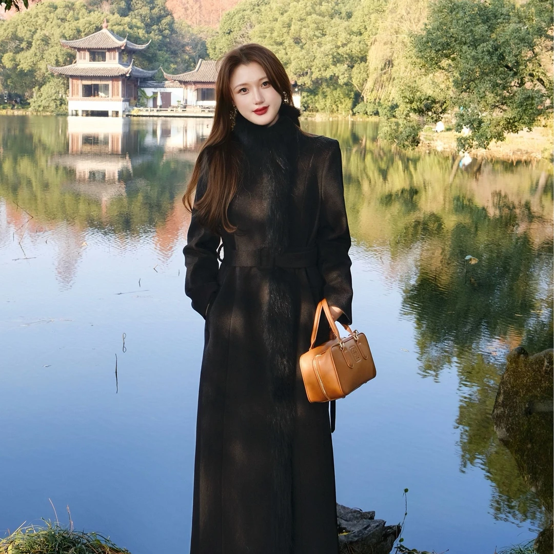 赵又真[黑檀]优雅贵气感狐狸毛显瘦收腰多裁片长款女冬季羊毛大衣