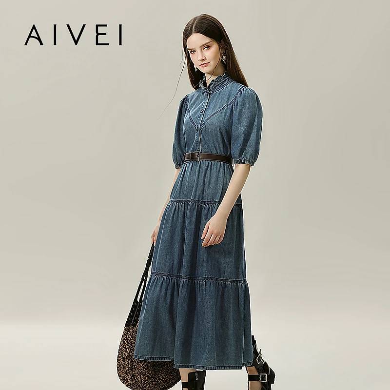 AIVEI欣贺艾薇夏秋新复古气质通勤港风高腰牛仔连衣裙R750904A