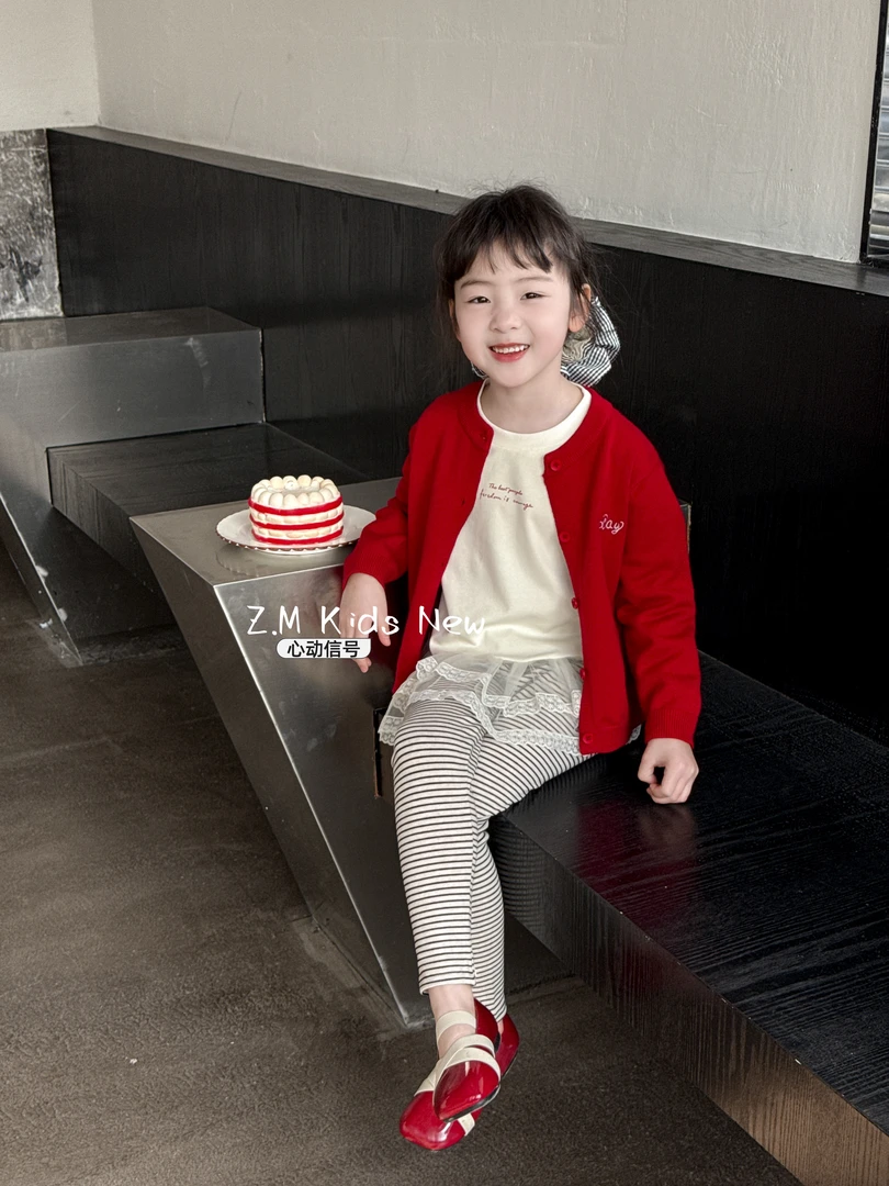 【心动信号】2025春洋气时髦百搭毛衣针织红色开衫女童外套N-65050