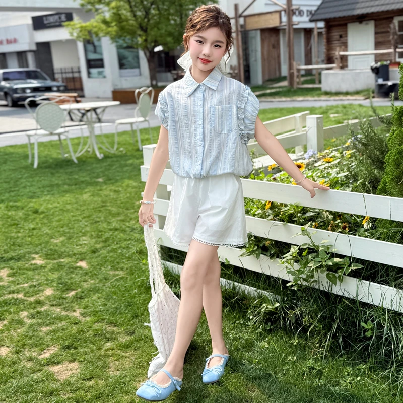 女童夏装花边衬衫套装2025新款女孩短裤两件套超洋气衣服潮
