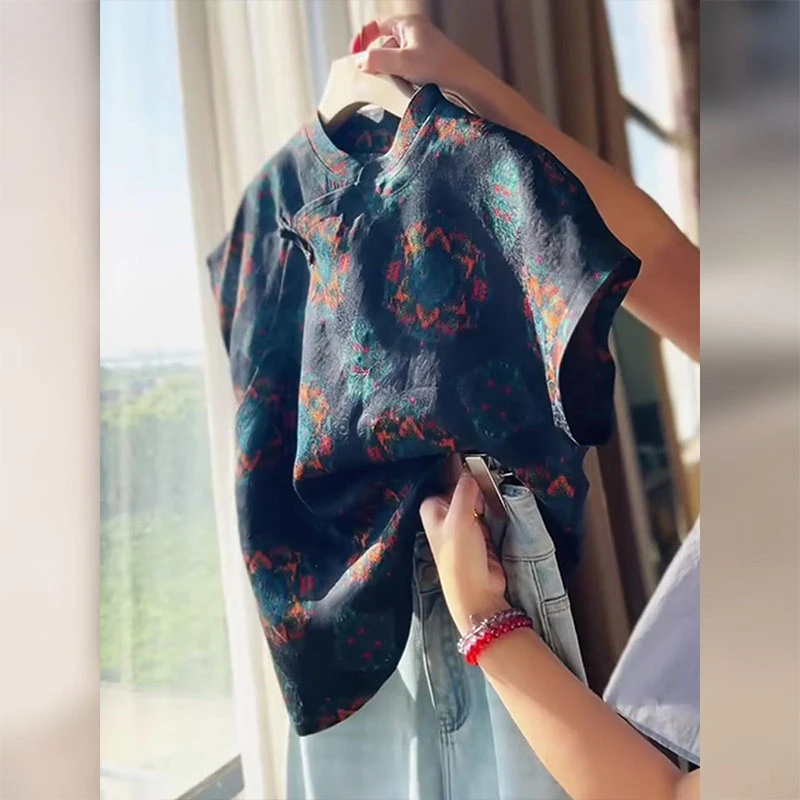 2025夏季独特超好看上衣时尚新中式国风气质高级感印花短袖衬衫女