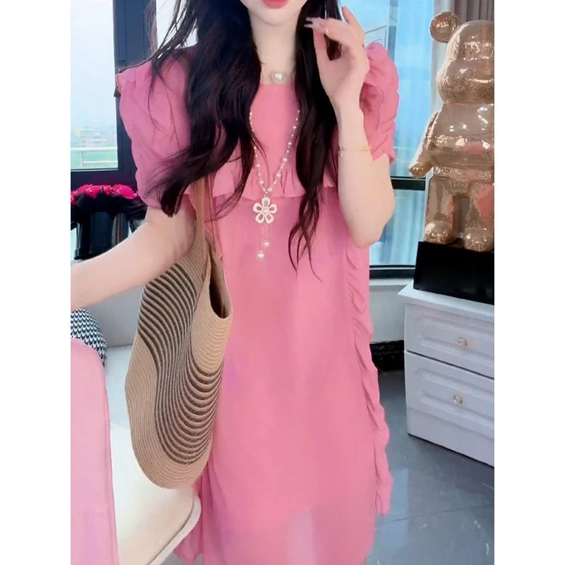 896法式拼接花边短袖连衣裙2025夏新款独特绝美超好看中长宽裙子