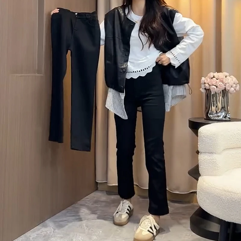 黑色大码胖mm显瘦九分烟管牛仔裤女春秋高腰弹力窄版直筒法棍裤子