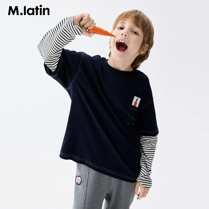 马拉丁儿童T恤秋装男童大童假两件罗纹长袖T恤