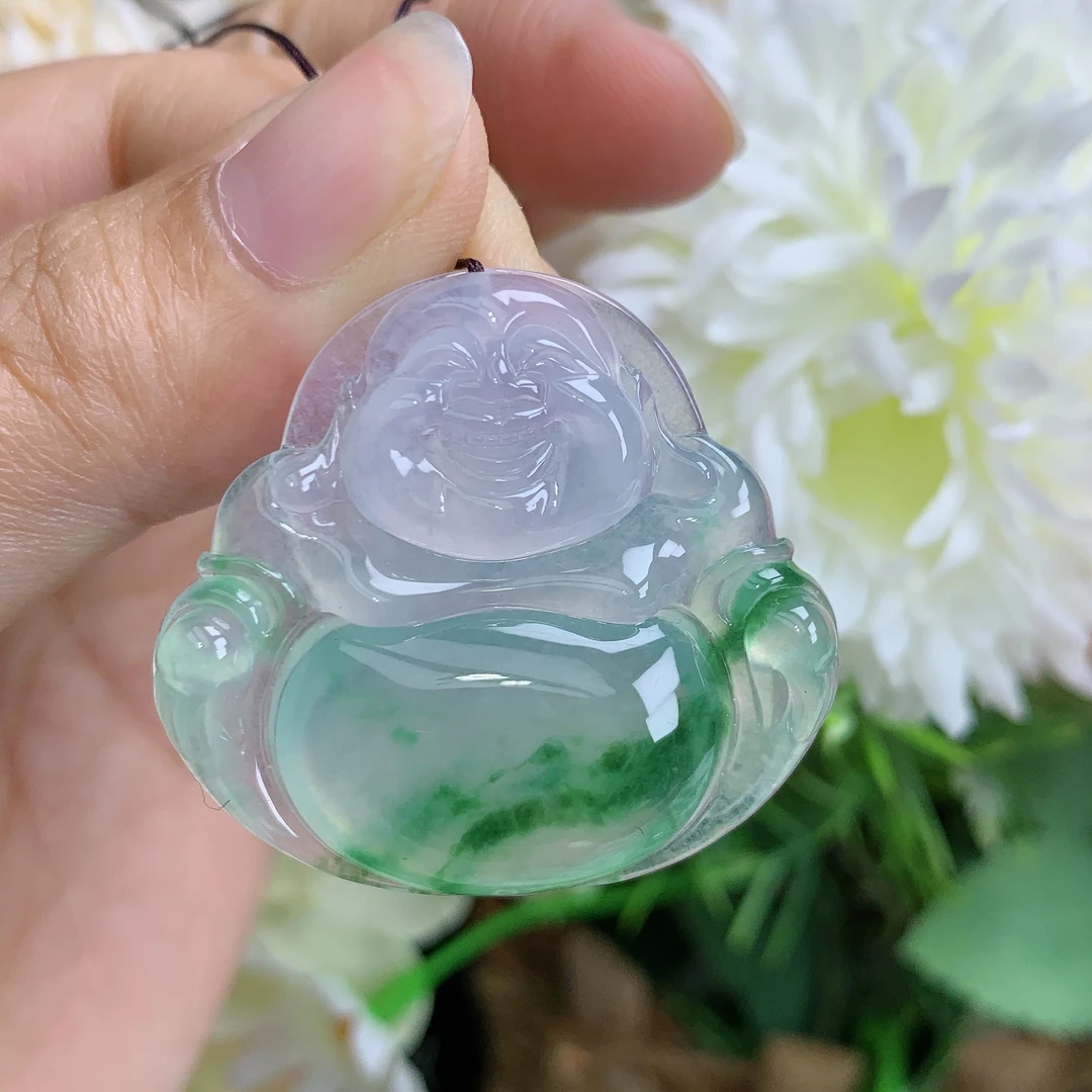 缅甸天然翡翠a货高冰起光飘绿花佛公吊坠大尺寸33.6/36.5/6.1mm