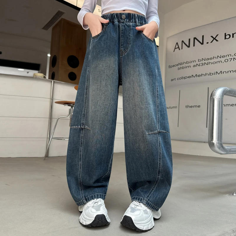 女童牛仔裤春秋裤子2025新款中大童弯刀裤洋气宽松休闲裤高腰显瘦