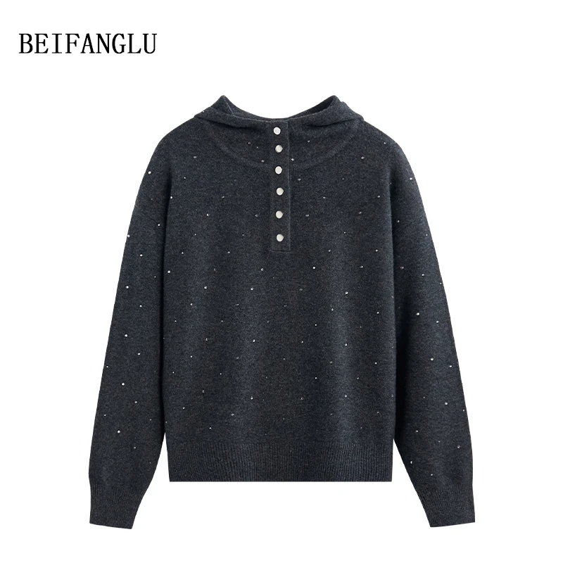北方鹿【满天星烫钻连帽衫】绵羊毛2024冬季休闲连帽套头针织衫1395