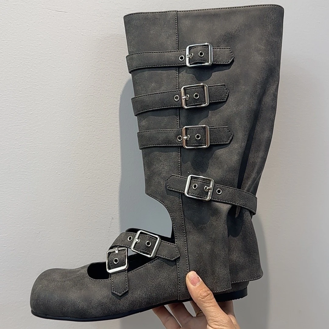 9555-1靴子女平底镂空芭蕾风长靴朋克手工靴子辣妹真皮中筒女靴