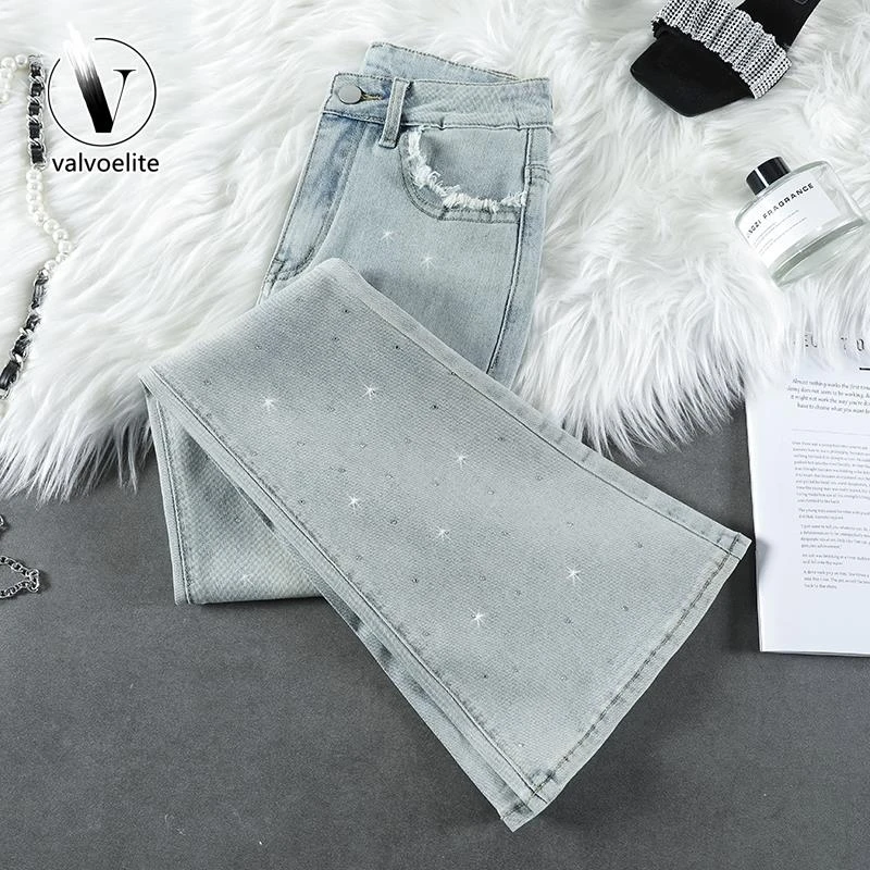 VALVOELITE烫钻微喇牛仔裤女款夏装新款高腰显瘦时尚带钻直筒裤子