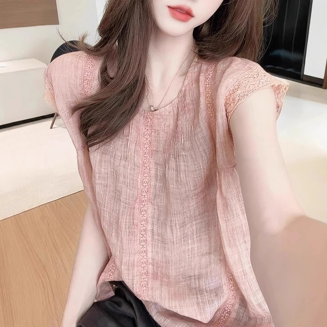 芊芊芙蕾丝镂空亚麻短袖衬衫上衣女2025夏季新款超好看小飞袖衬衣