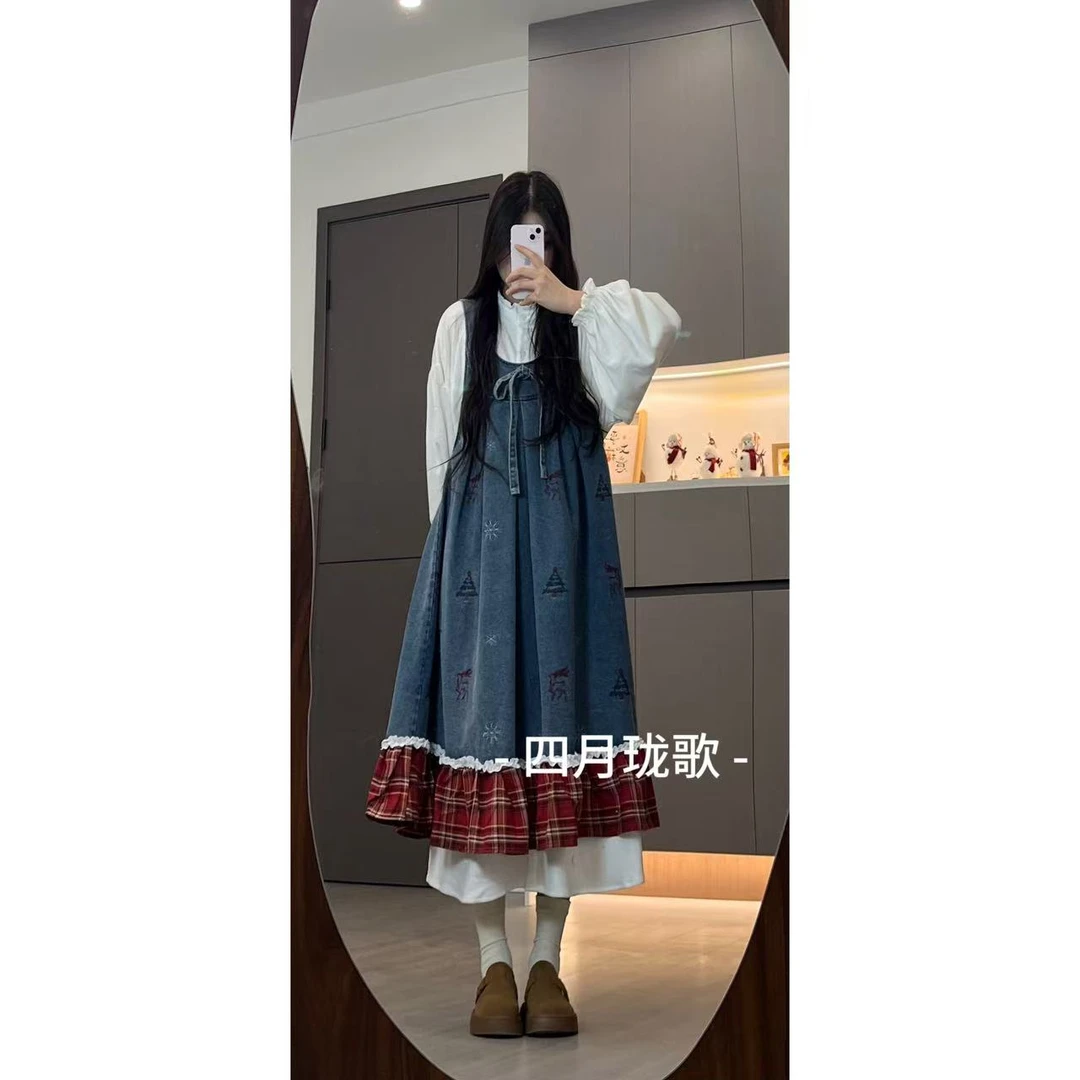 圣诞季氛围感小清新浅色牛仔手工刺绣宽松搭配4463 2535