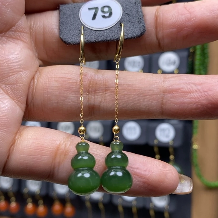 【闪购商品】和田玉耳饰18K金镶嵌15.6x9.6mm葫芦长耳饰