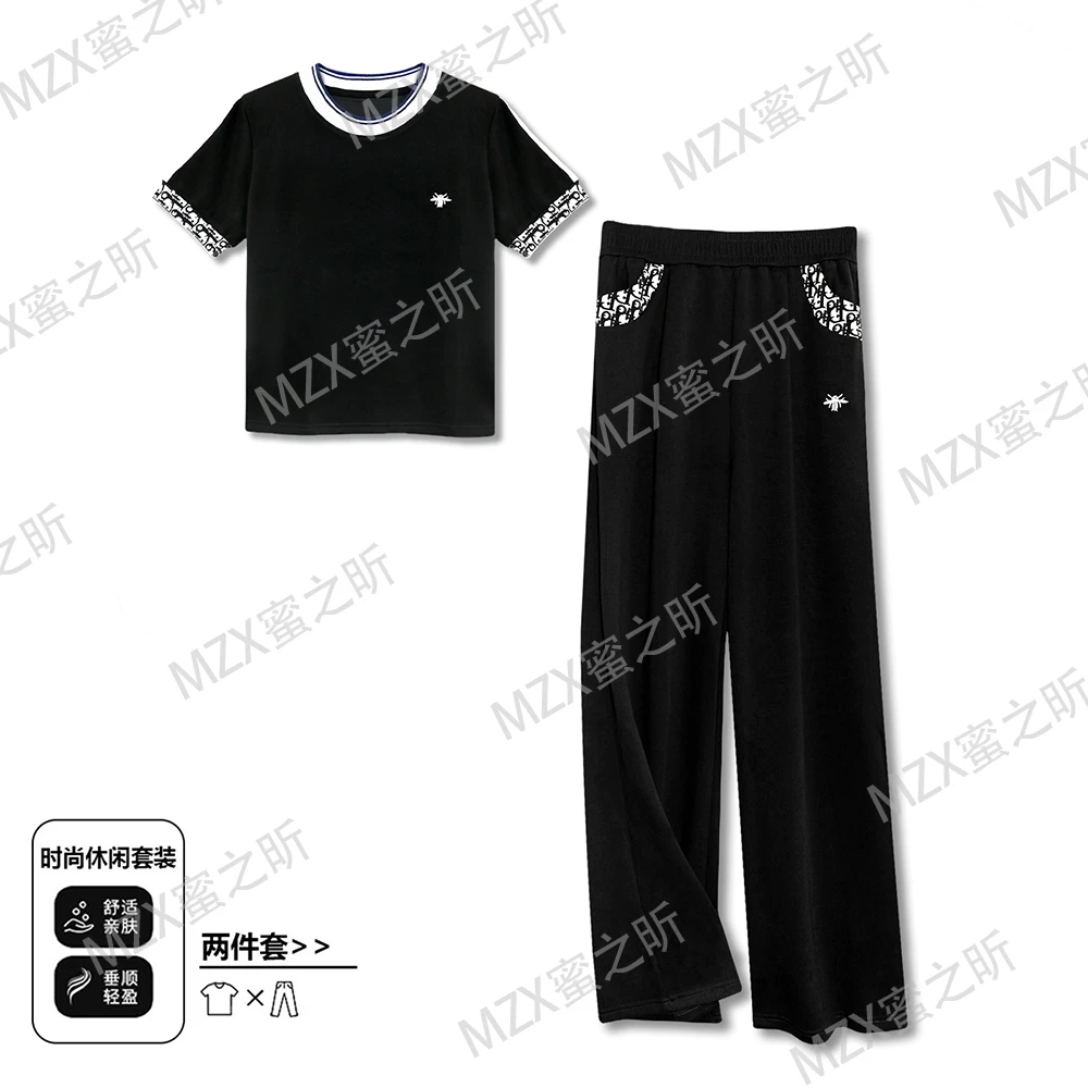 2025夏季新款蜜蜂刺绣短袖阔腿裤女织带拼接刺绣直筒裤套装