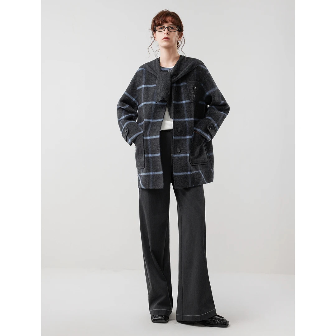 ELLE女装撞色格纹毛呢短外套2025冬新款绵羊毛双面呢大衣EN52480