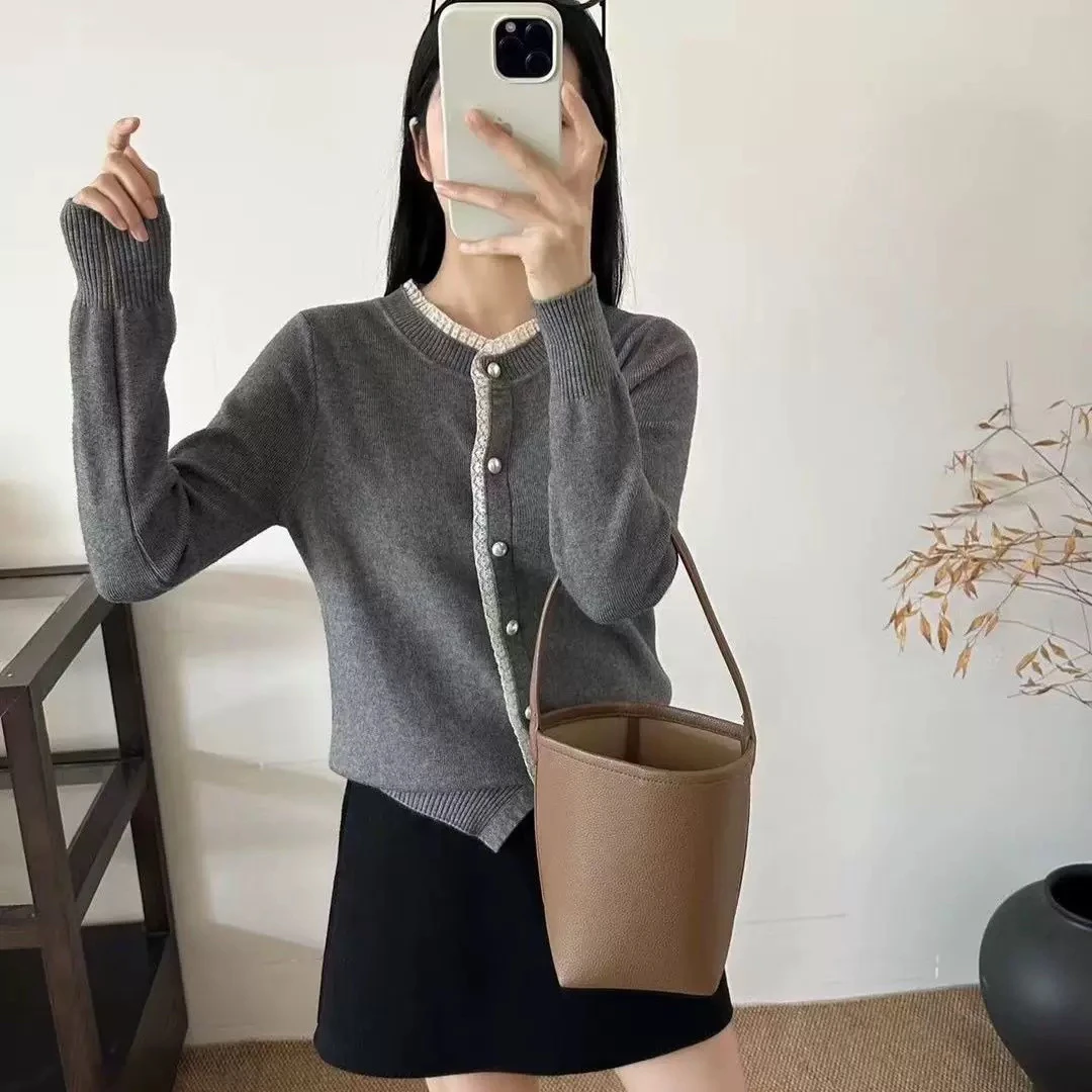 法式小香风蕾丝拼接针织开衫女