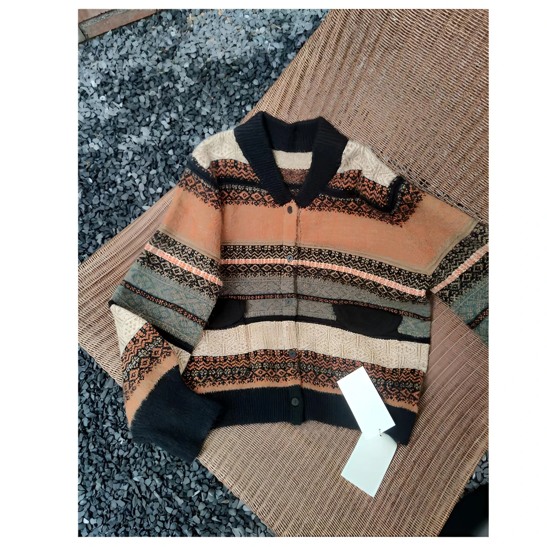 北欧风针织中大码松松毛织衫秋冬提花毛衫开衫--孤品捡漏