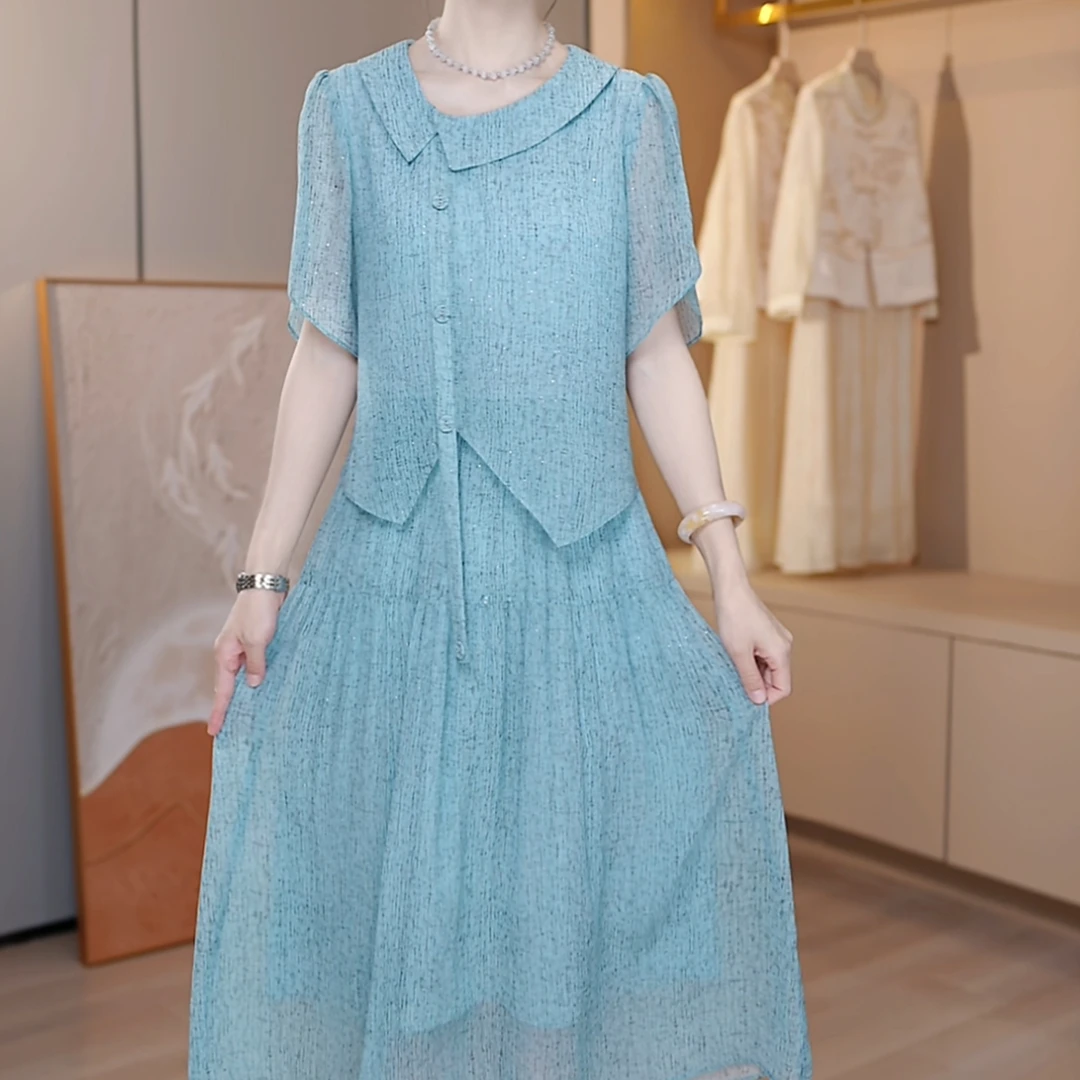 A292# 高端气质显瘦假两件连衣裙2025夏季洋气时尚女装