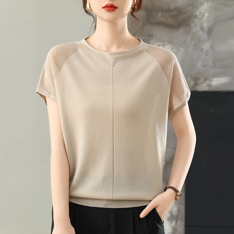 中年妈妈圆领冰丝短袖t恤女2025夏季新款薄款镂空针织衫气质上衣