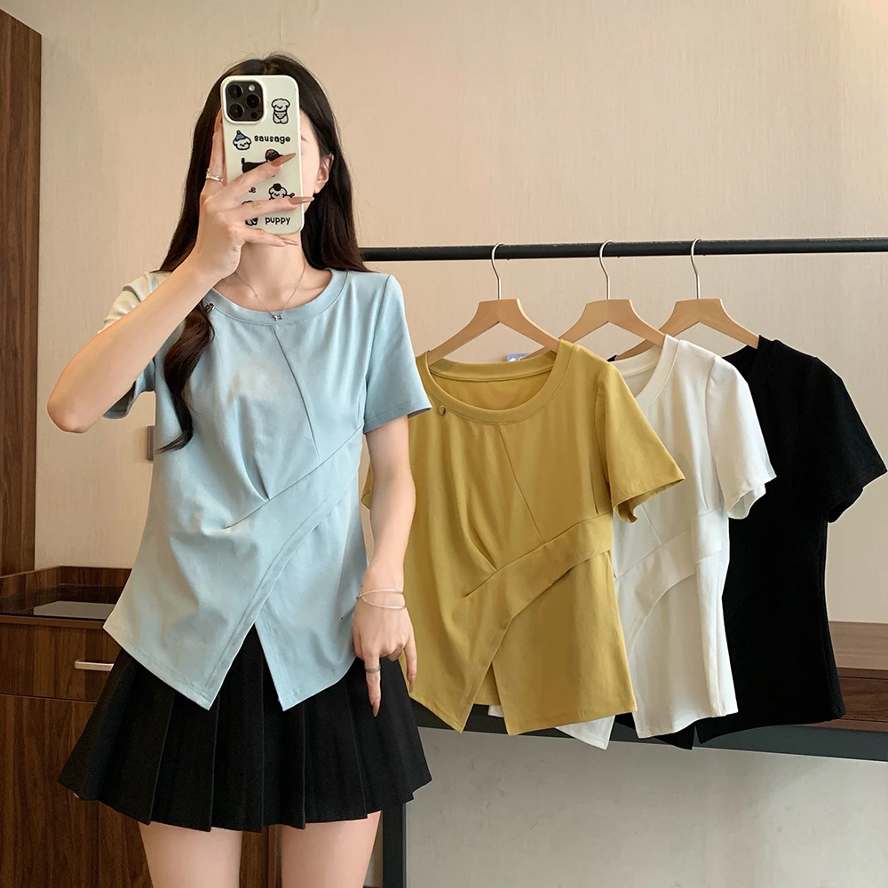 夏季大码女装新款圆领正肩开叉显瘦T恤上衣3213