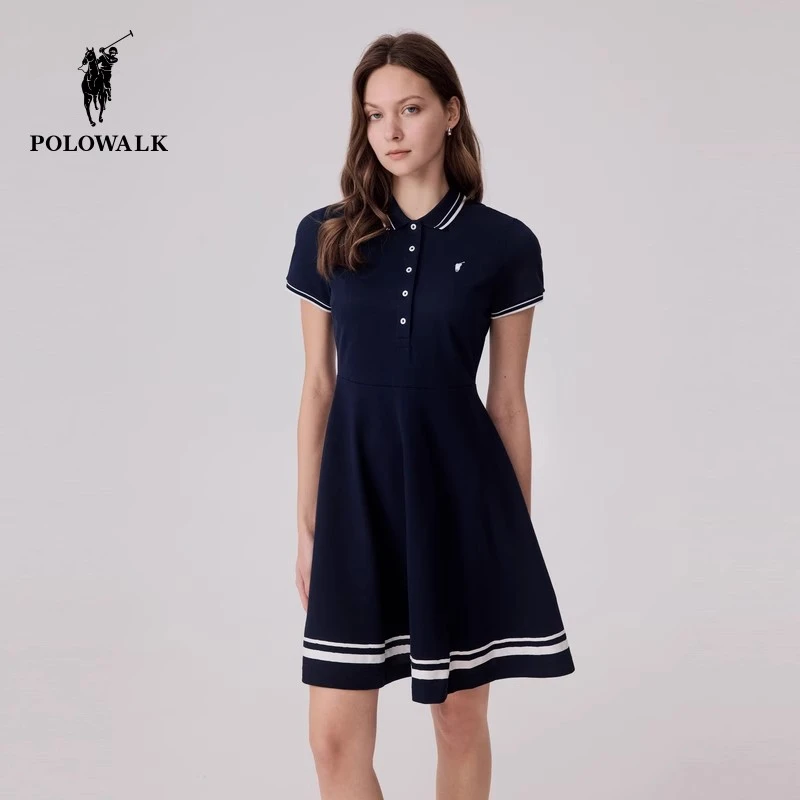 POLOWALK女士学院风短袖连衣裙2025夏季新款收腰显瘦翻领polo裙女