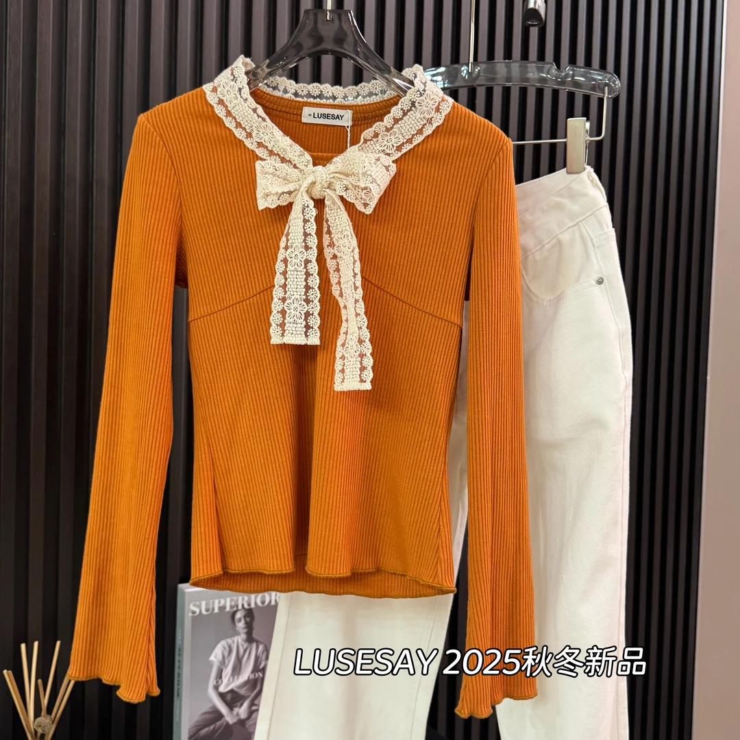 LUSESAY 设计感秋冬拼接领口蕾丝蝴蝶结2025新款长袖百搭上衣