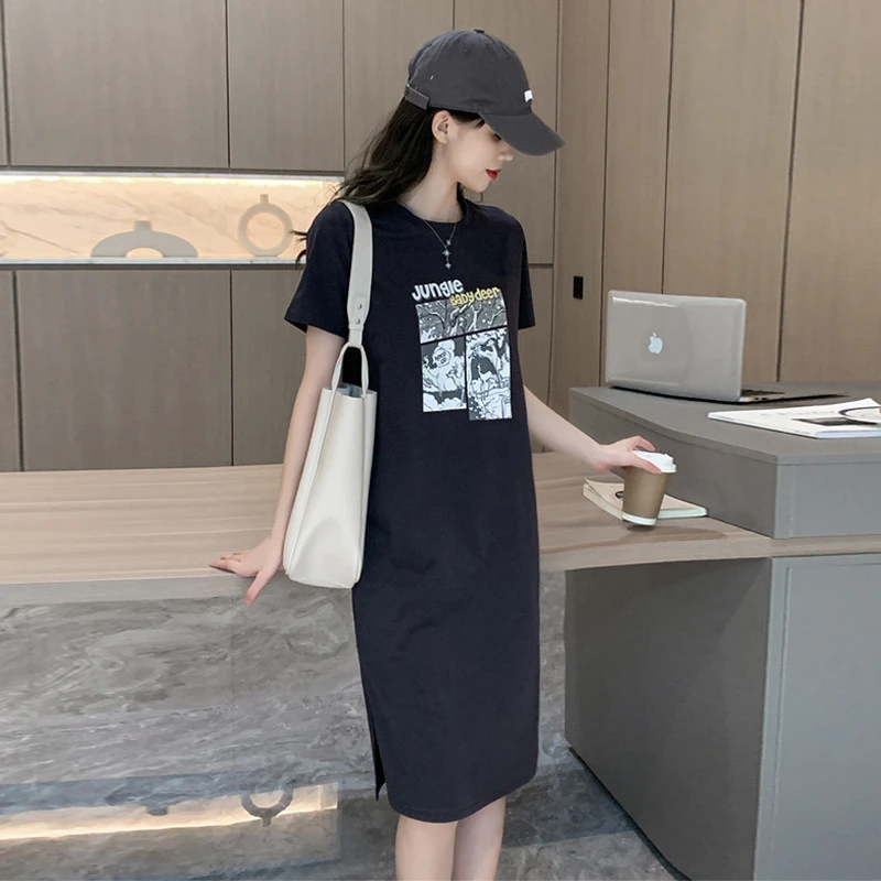 法式黑色t恤连衣裙2025春夏新款女高级感休闲宽松中长款短袖裙子