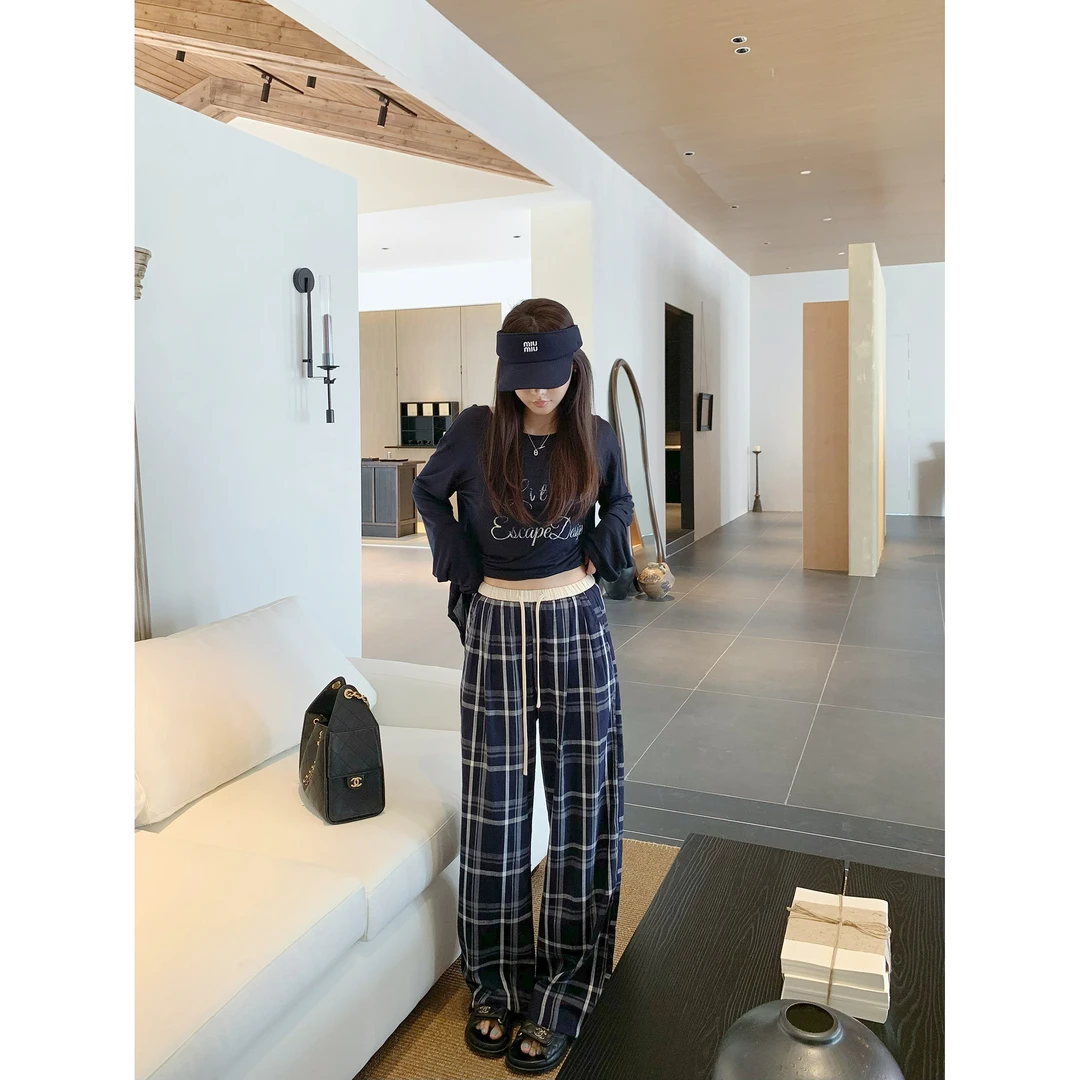 格纹抽绳休闲裤250744