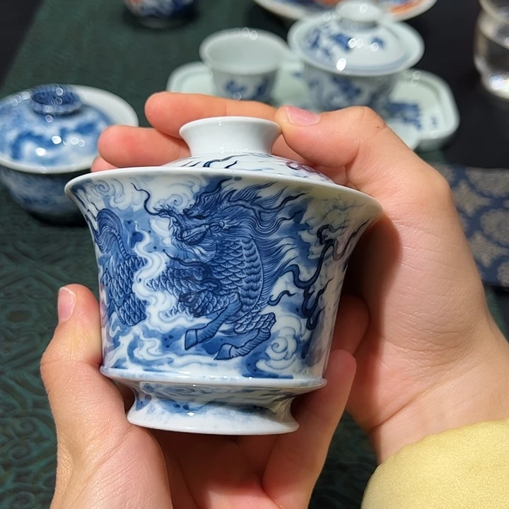 无*钟家窑柴窑水墨麒麟二才盖碗