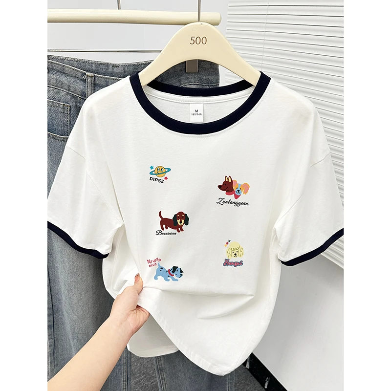 纯棉设计感撞色圆领短袖T恤女2025夏季时尚洋气小狗印花宽松上衣
