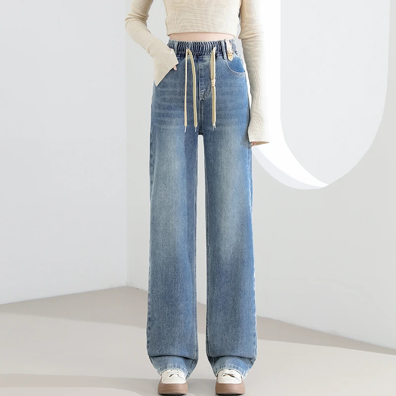 浅蓝色松紧腰牛仔裤女2025秋季新款系带小个子大码胖mm窄版直筒裤