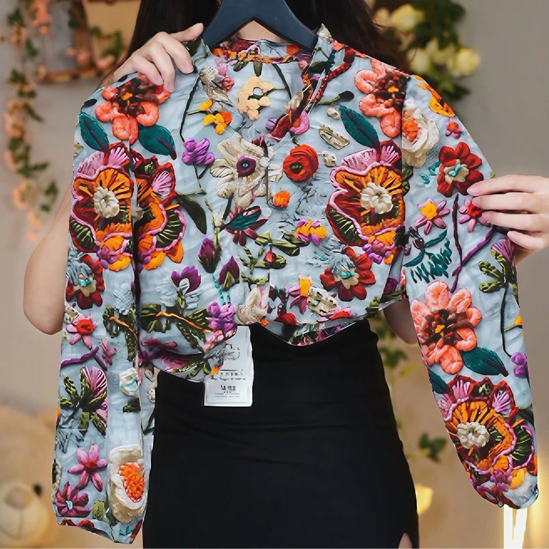 01-手绘V领套头夏季七分袖碎花衬衫小众显瘦修身设计感时尚上衣