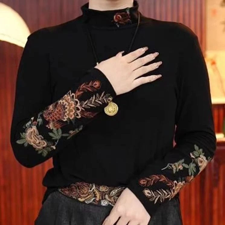 复古中式秋冬保暖高领德绒刺绣新款长袖T恤打底民族妈妈国风上衣