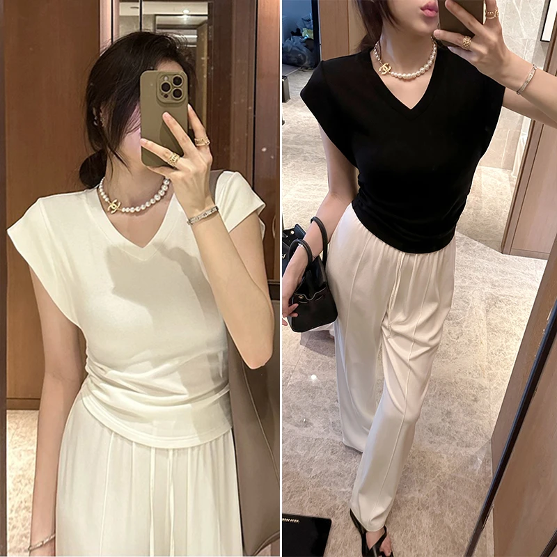 SS695高级感辣妹T恤女欧货V领褶皱短袖夏装上衣紧身ins超火短体恤