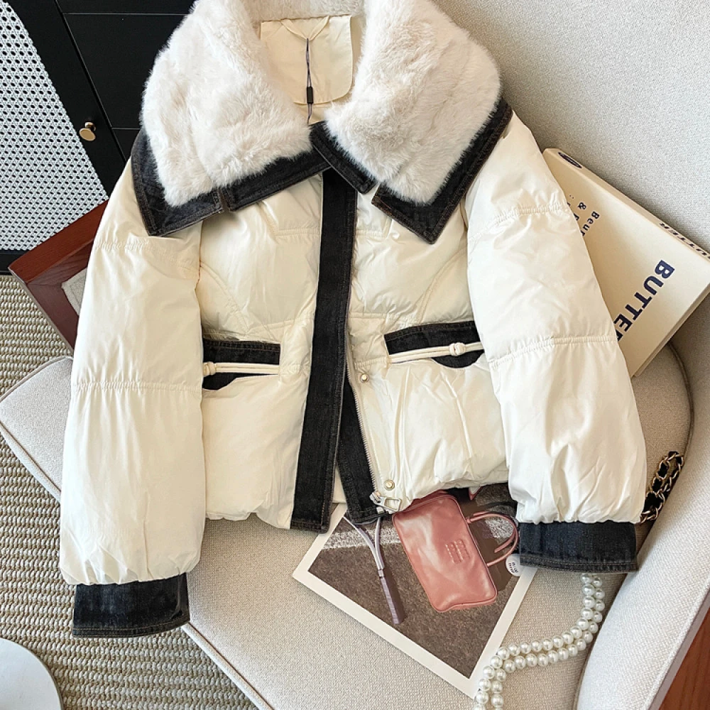 法式高级感拼接撞色白鸭绒羽绒服2025冬季短款大翻毛领保暖外套