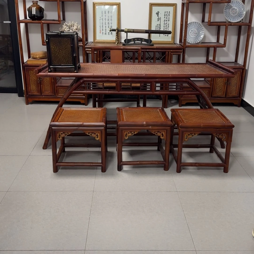 清***丘筇竹家具茶桌套装一桌一椅三凳