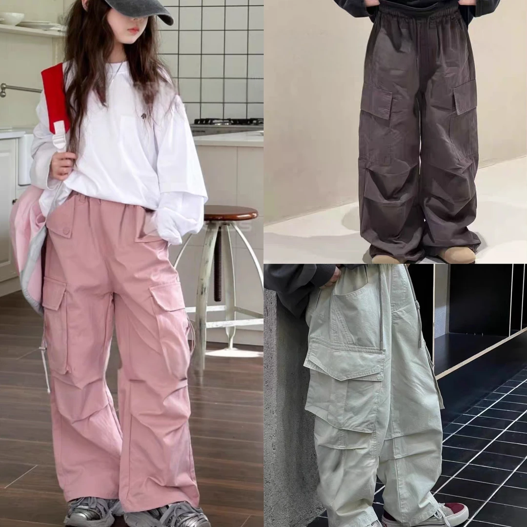 H605 女童夏季纯棉百搭松紧腰宽松休闲工装阔腿裤