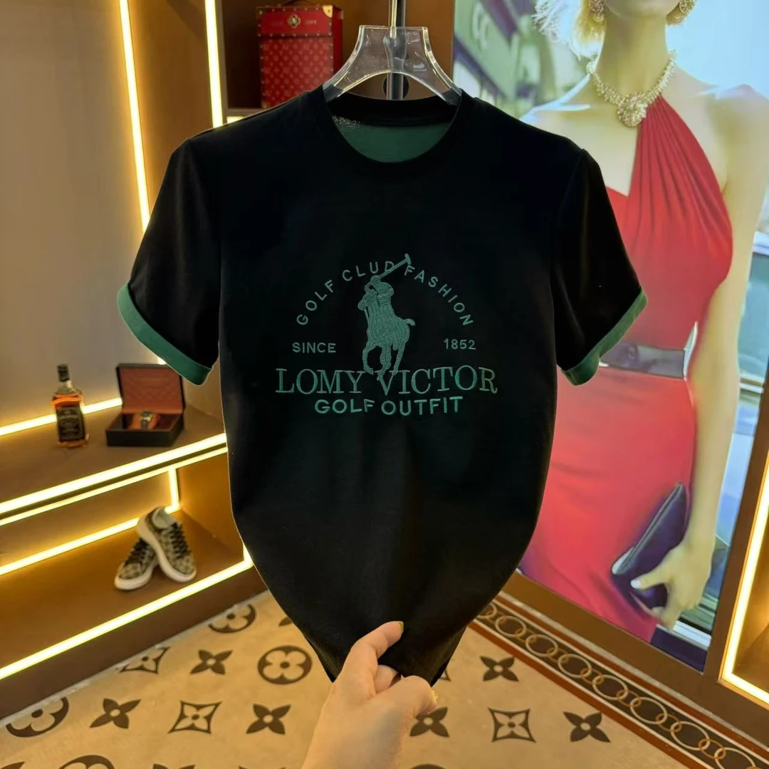 2025夏季新款圓領男士輕奢半袖修身刺繡T恤款9286款