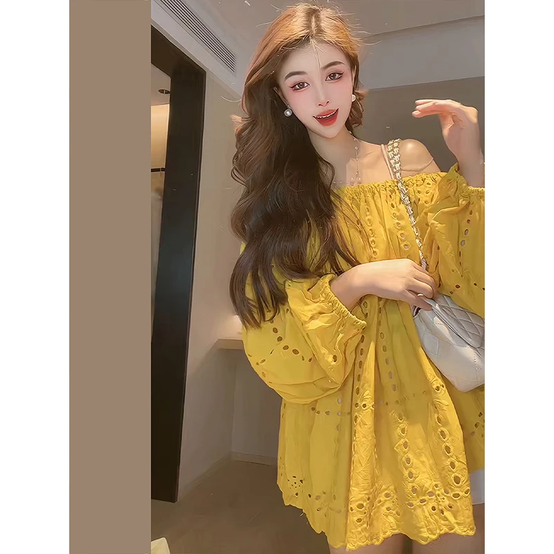 法式设计感温柔一字肩镂空娃娃衫女夏季宽松减龄灯笼袖衬衫薄上衣