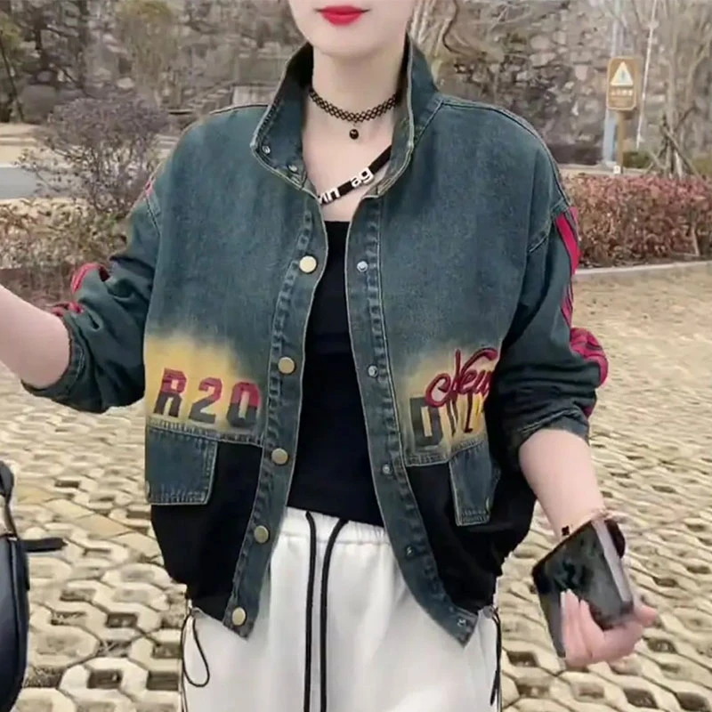 条纹立领牛仔外套女2025春季新款时尚复古印花短款女装夹克上衣潮