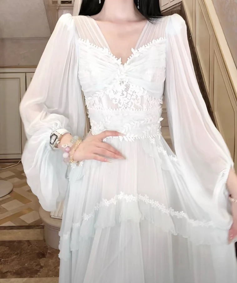 XUAN/【蒹葭苍苍】夏季新款名媛风仙气时尚V领连衣裙