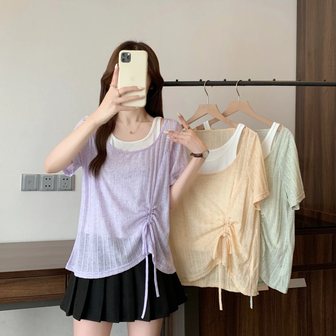 2025夏季新款短袖胖mm大码女假两件抽绳正肩短袖T恤遮肉显瘦上衣